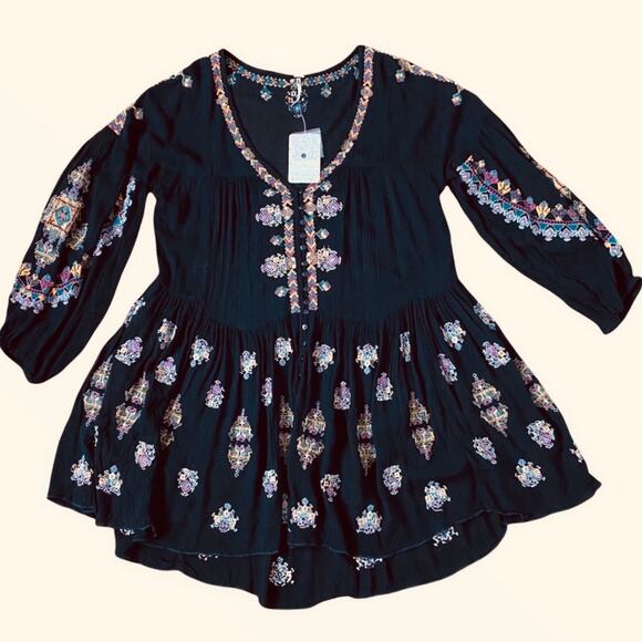 Free People Ariana Embroidered Tunic Womens Small Black Floral Oversized NWT - Picture 4 of 10